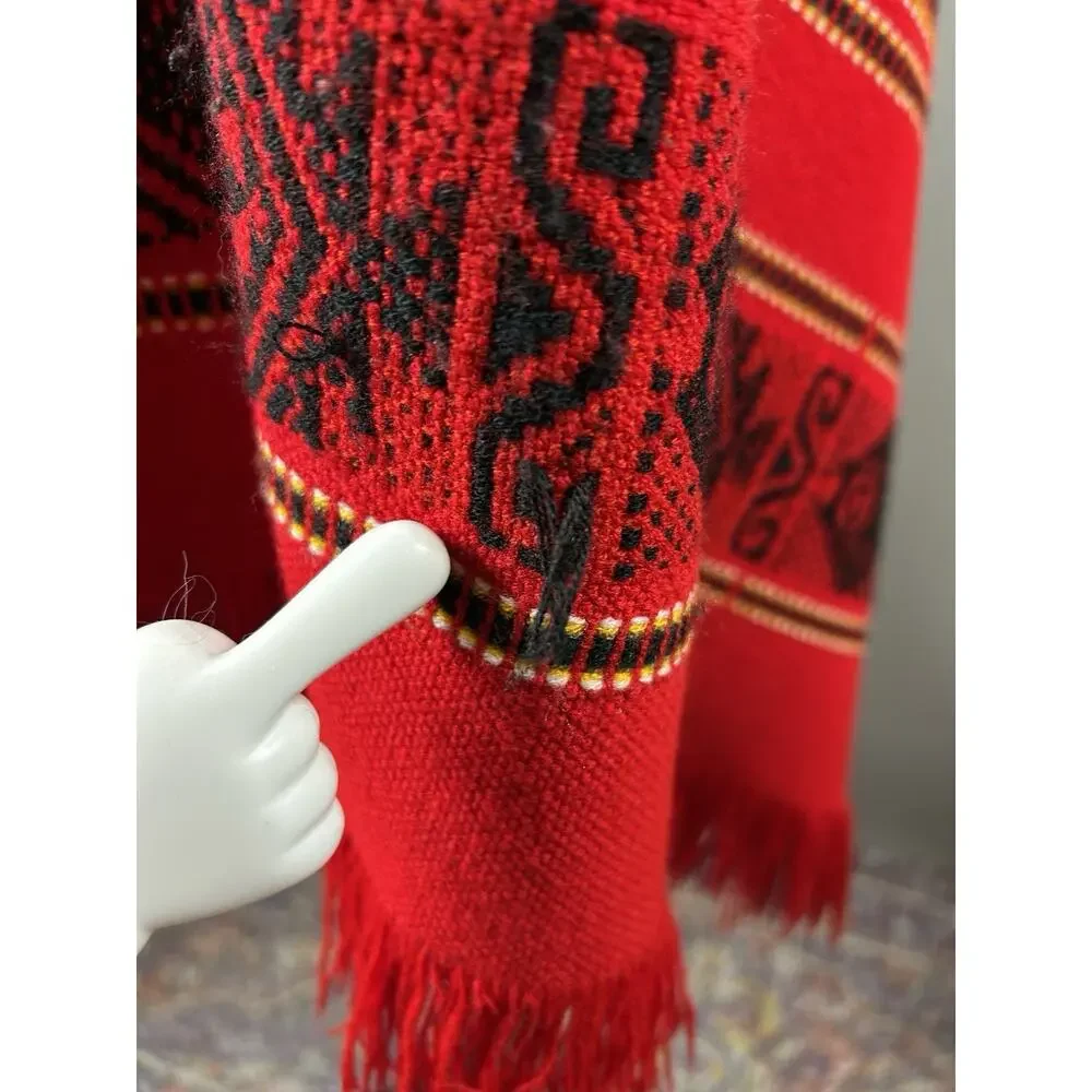 Red Black Woven Geometric Fringe Poncho Cape Shawl Boho Festival One Size